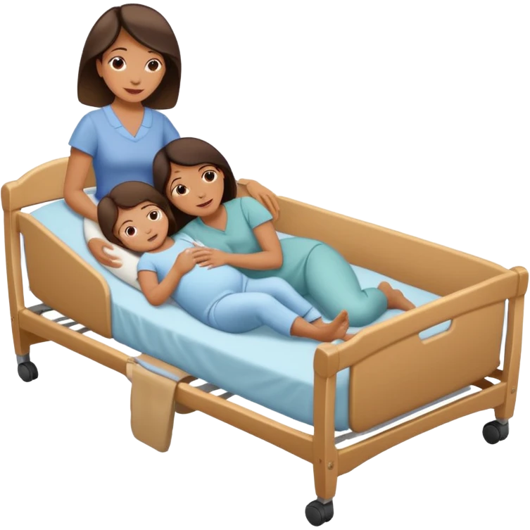 a mom laying down in a “C” position laying close to the she of the bed by her daughters bassinet while still trying to reach far back with her foot to touch her husband  emoji