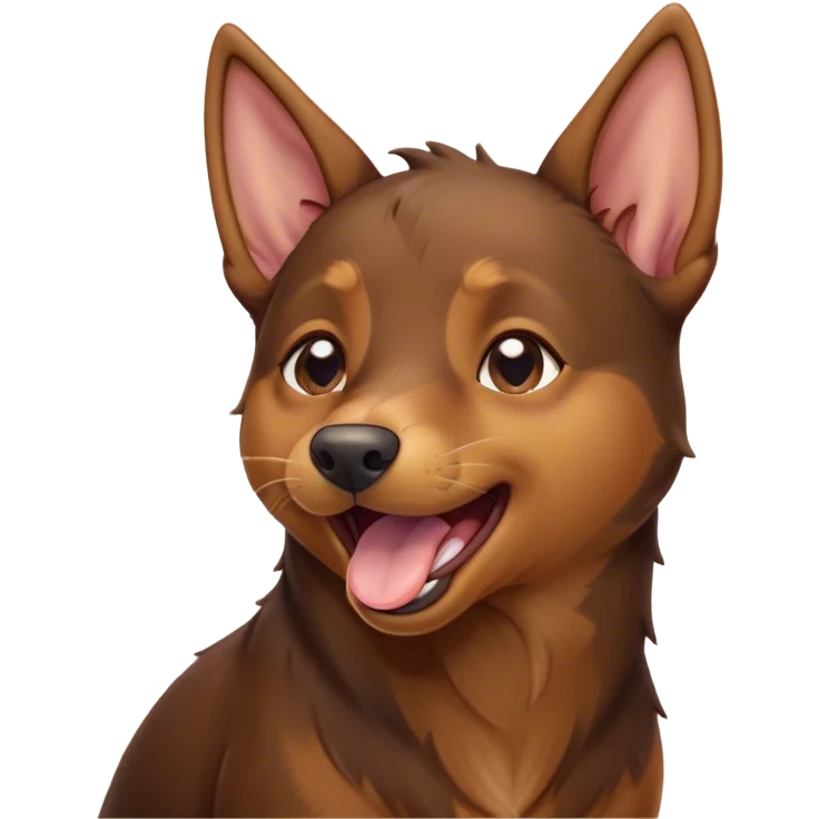 Cinematic Cute Yawning Brown and Tan Kelpie Portrait Emoji, Head tilted slightly with a dramatic, wide-open yawn, showcasing a smooth brown Fur with distinct tan highlights, floppy ears slightly drooping, round warm eyes barely open in drowsy contentment, Simplified yet irresistibly adorable features, highly detailed, glowing with a soft, cozy glow, high shine, relaxed yet expressive, stylized with a touch of whimsy, bright and endearing, soft glowing outline, capturing the essence of a sleepy yet affectionate herder, so drowsy it feels like it could stretch out of the screen and curl up for a nap! emoji