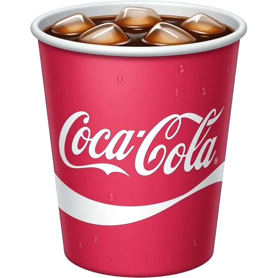 Large pink paper cup says Coca-Cola on the front filled with iced Coca Cola emoji
