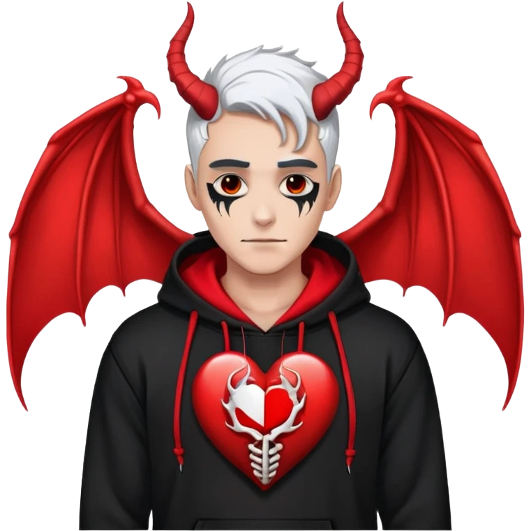 man with black and white hair, half black face, red horns, black hoodie, red wings, dragon skeleton, heart necklace emoji