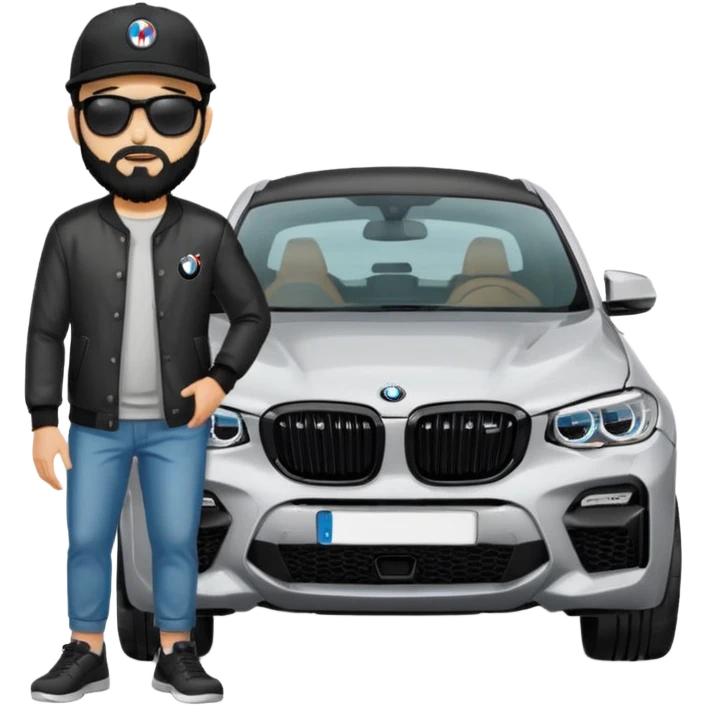 A man with black hair and beard standing next to his silver grey BMW X4 M competition with sunglasses and a black baseball cap on emoji