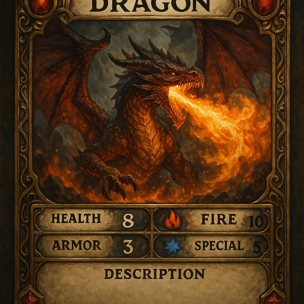 collectible role-playing card showing a majestic fire-breathing dragon, labeled stats for health, fire, armor, special power, description section, highly detailed ornate fantasy card frame, bold colors, epic style emoji