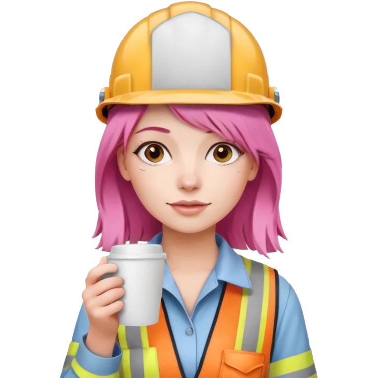 сделай молодую девушку с розовыми волосами, накрашенную красиво, с стаканчиком кофе  и в каске без лого emoji