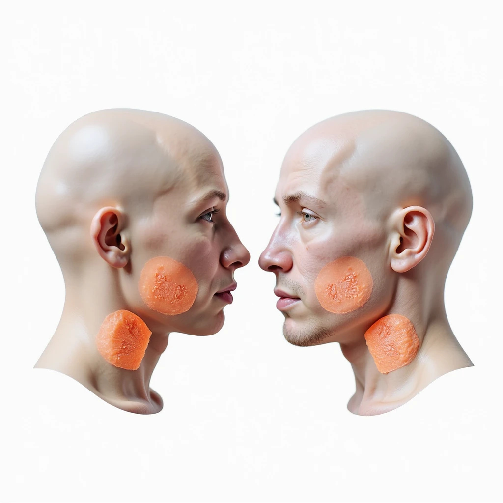 close-up of human and pig heads side by side, transparent overlay showing thyroid position in both, white background, hyperrealistic 4K emoji