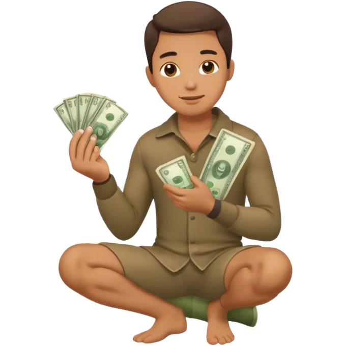 1 man is kneeling, holding a wad of money and asking emoji