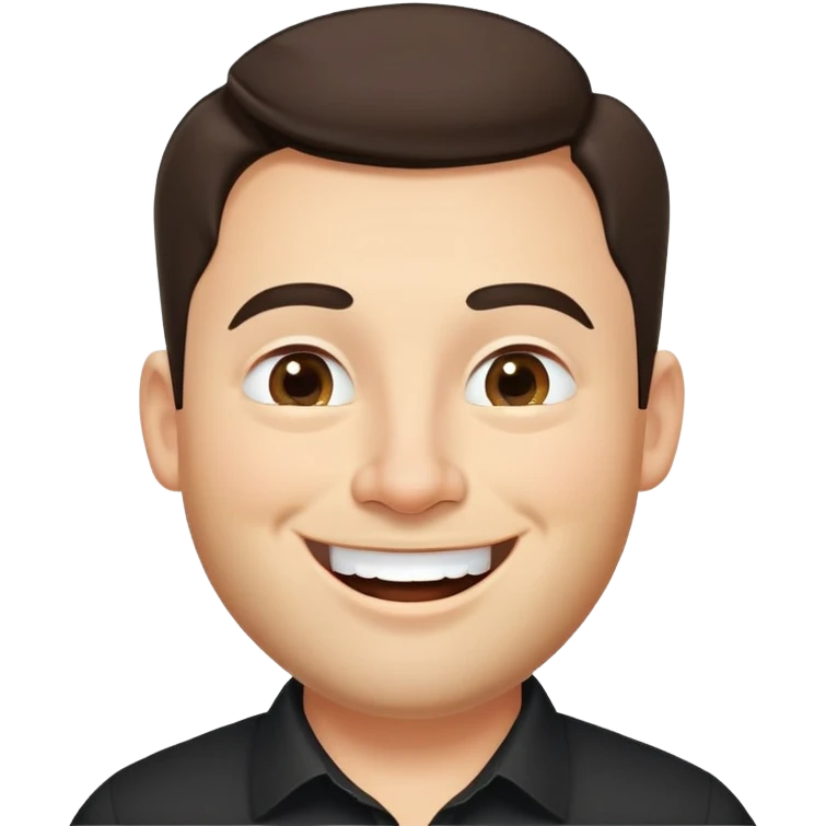 Fuller-figured businessman with light brown complexion, pear-shaped face with wider jawline, very friendly open expression, laughing smile, kind approachable eyes, thick eyebrows, wide nose, short neat beard, short dark hair, wearing a black shirt emoji