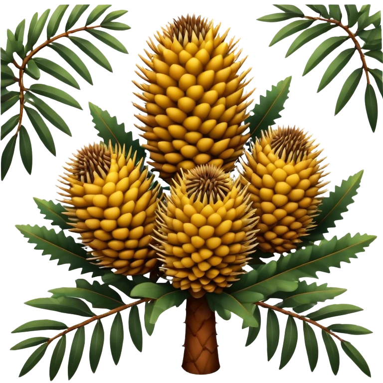 Cinematic Realistic Banksia Emoji, Bold and striking, with spiky, cylindrical flower heads covered in rich golden hues. The leaves are thick and leathery, adding a sense of strength to this unique and iconic tree. Soft glowing outline, capturing the essence of Australian ruggedness and floral beauty in a distinctive banksia tree! emoji