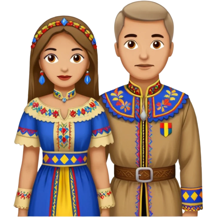 An woman dressed in a national Romanian costume and a men right next to her dressed in a Romanian national costume emoji