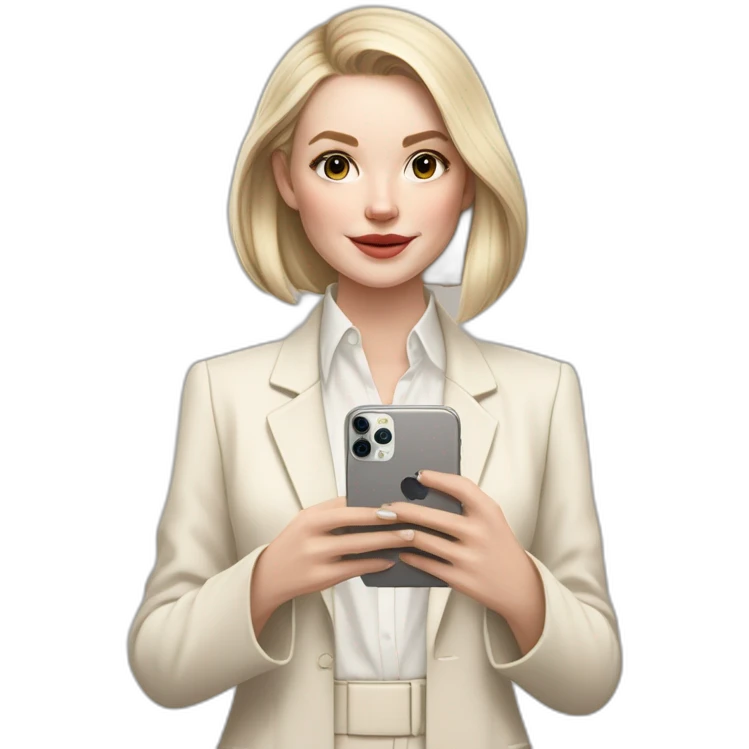 pale skin woman with ash blonde Straightened bob Hair, White Spacious classical jacket, beige palazzo Arrow pants and gray blouse holding white IPhone 15 pro in the hands emoji