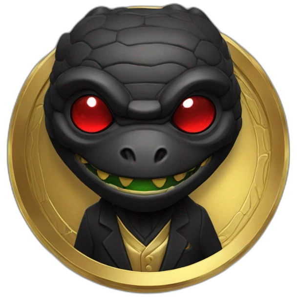 Reptiloid in black suite with red laser eyes on the gold coin emoji