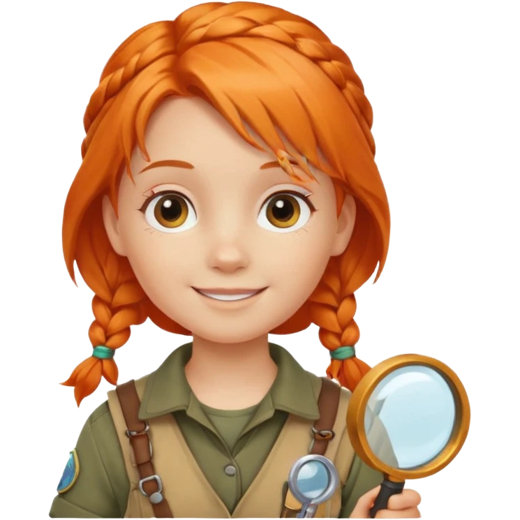 braid orange haired girl kid in explorer outfit, holding magnifying glass emoji