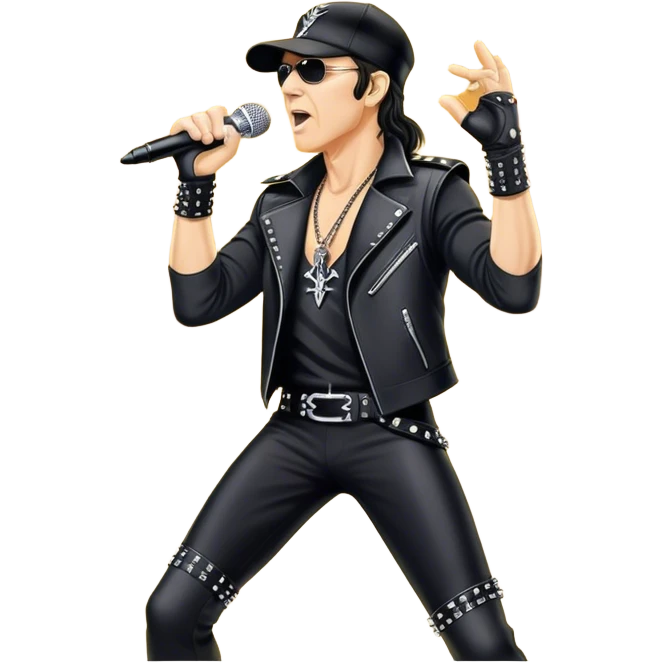 Icon for Rock Music: Klaus Meine holds a microphone stand in his hands performing with Scorpions on stage, with powerful stage presence. The vibe should capture the energetic and iconic sound of Scorpions, with vibrant lighting and a stadium atmosphere. Transparent background. emoji