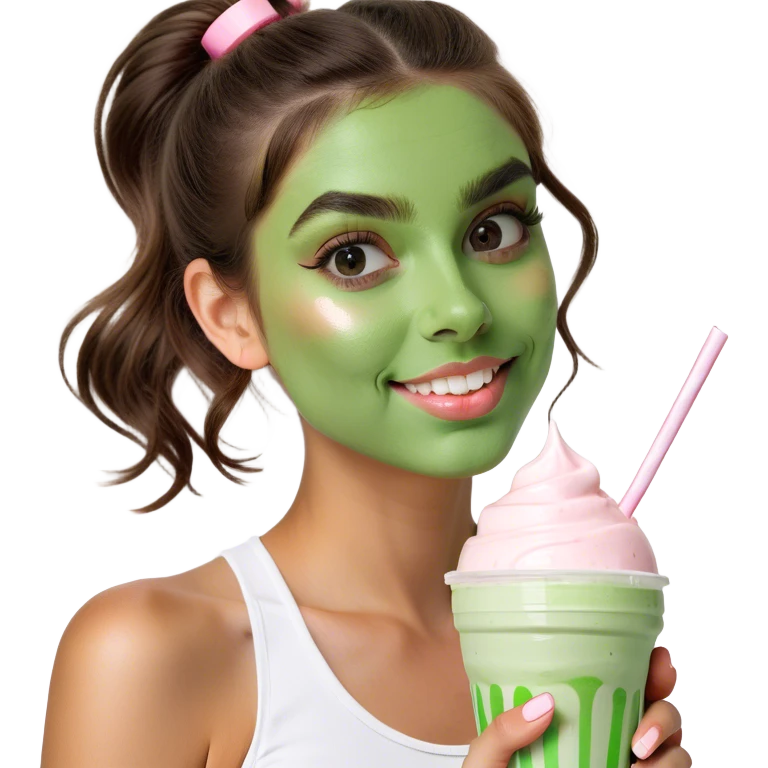 Girl with brown eyes a little bit blush highlighter brown hair not long with milkshake in￼ hand emoji