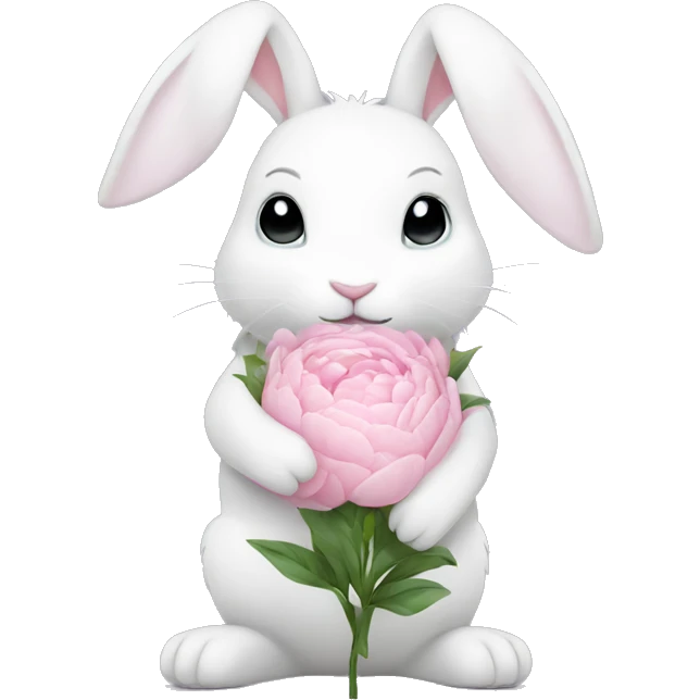 cute white bunny holding light pink peonies emoji