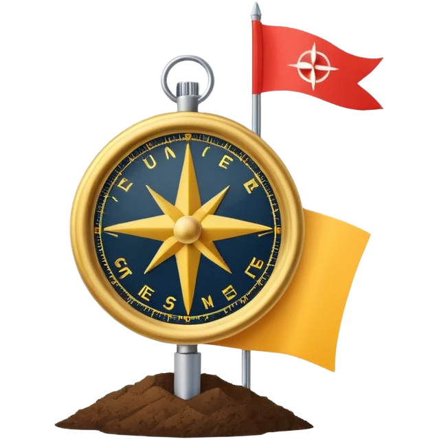 A minimal emoji of a compass pointing toward a planted flag. Flat design, confident colors, modern emoji style. Represents choosing direction and seeing it through to completion. Avoid corporate or motivational poster aesthetics. emoji
