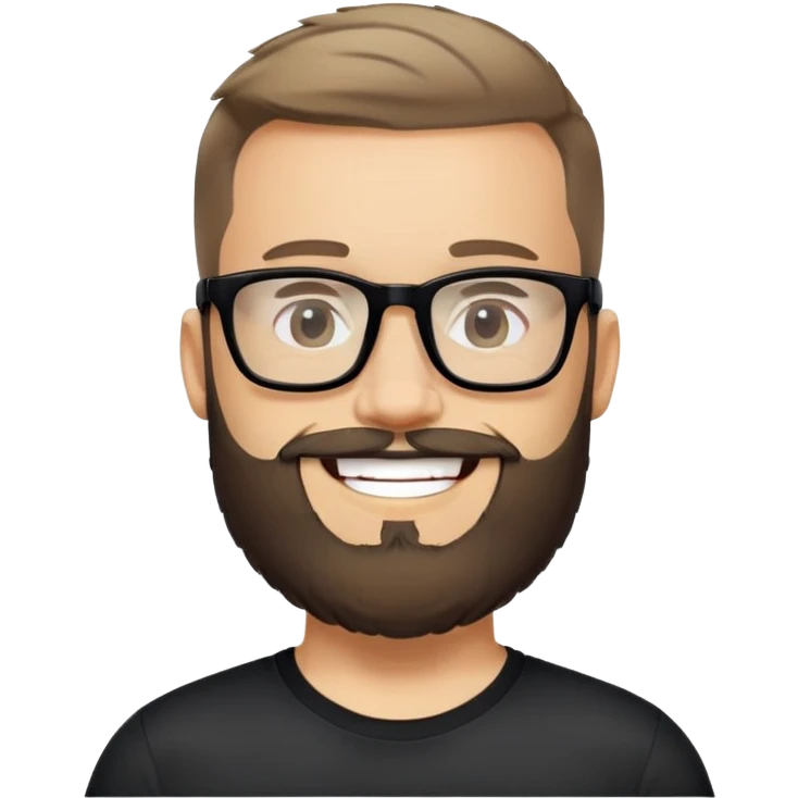 Light-skinned man with full beard, short hair brushed upward, big black glasses frames, happy smile, black sports shirt emoji