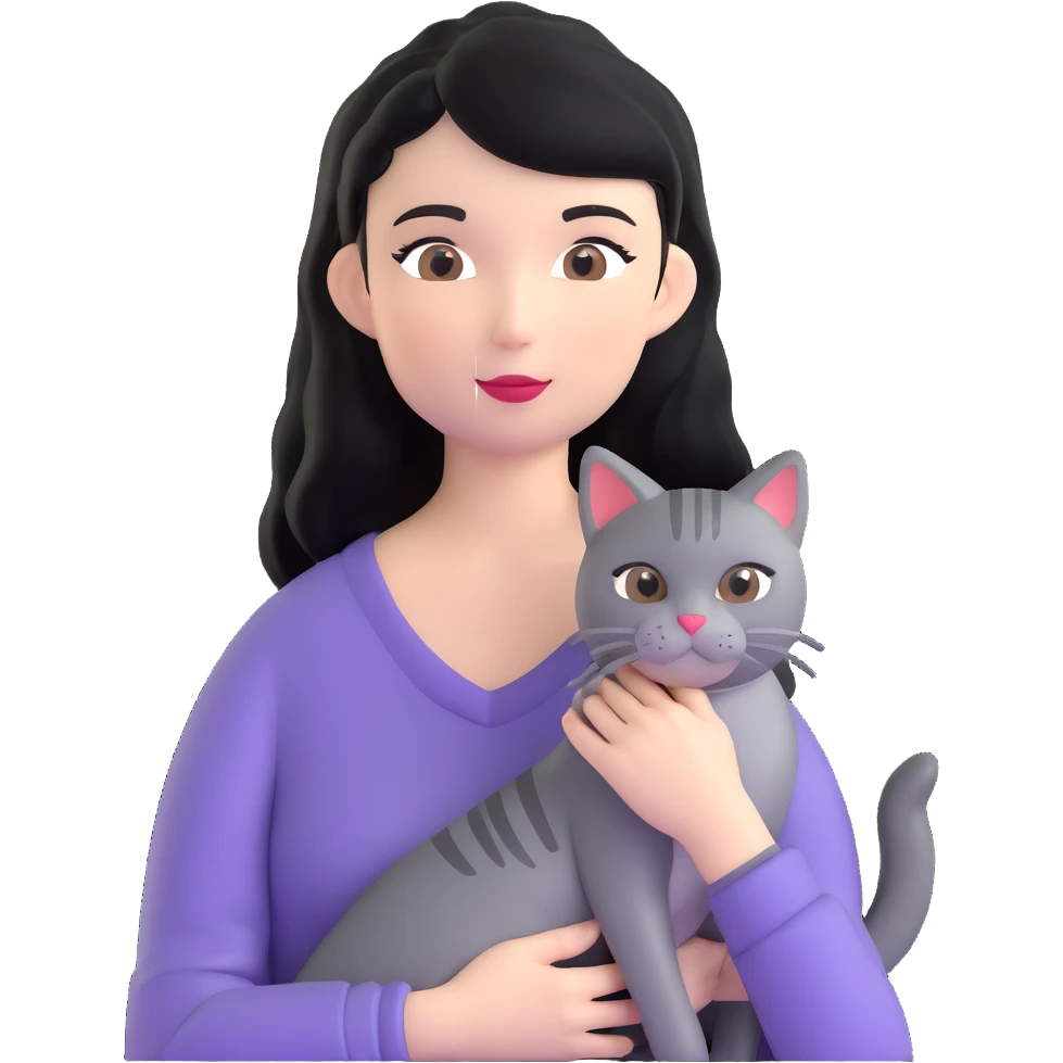 mulher de cabelo preto com gato frajola cinza emoji