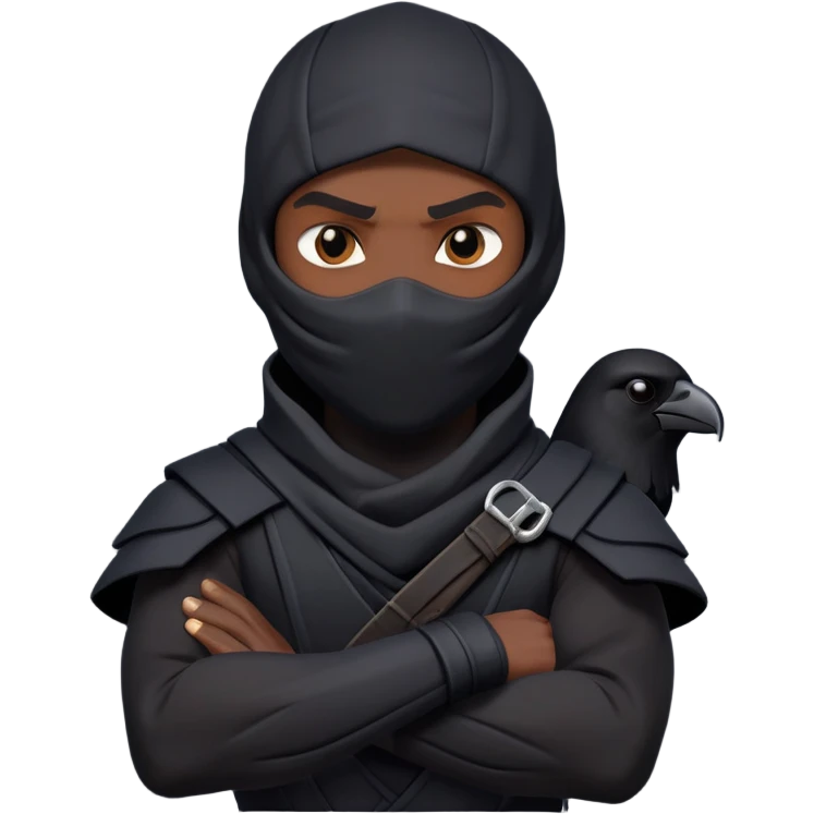 clash-of-clans-aesthetic_-cinematic-mysterious-male-ninja-portrait-emoji, rendered in a flat, vector-style with minimal shading and bold, simplified shapes, with a head slightly turned revealing intense, focused eyes. the ninja has his arm out and perched on top of his forearm is  a  giant black crow emoji