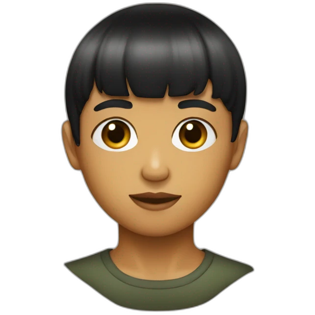 black bowl cut, olive skin, eyebags emoji