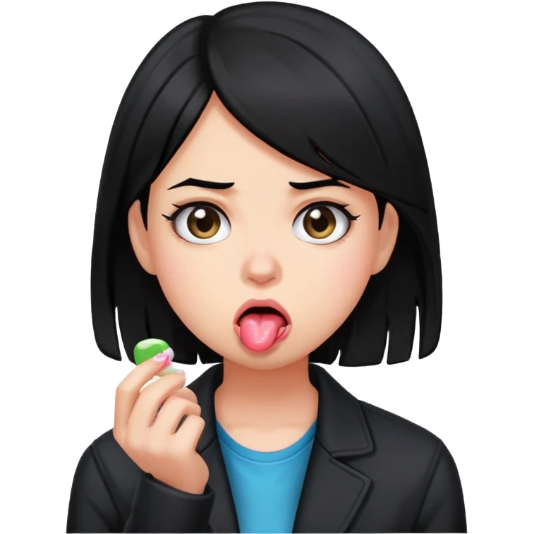 An annoyed girl with black hair and a black jacket is chewing gum while looking annoyed and bored emoji