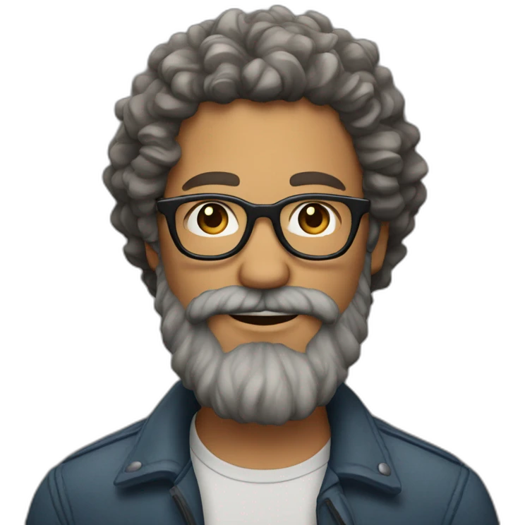 man with long gray and brown hipster beard and curly hair and glasses emoji