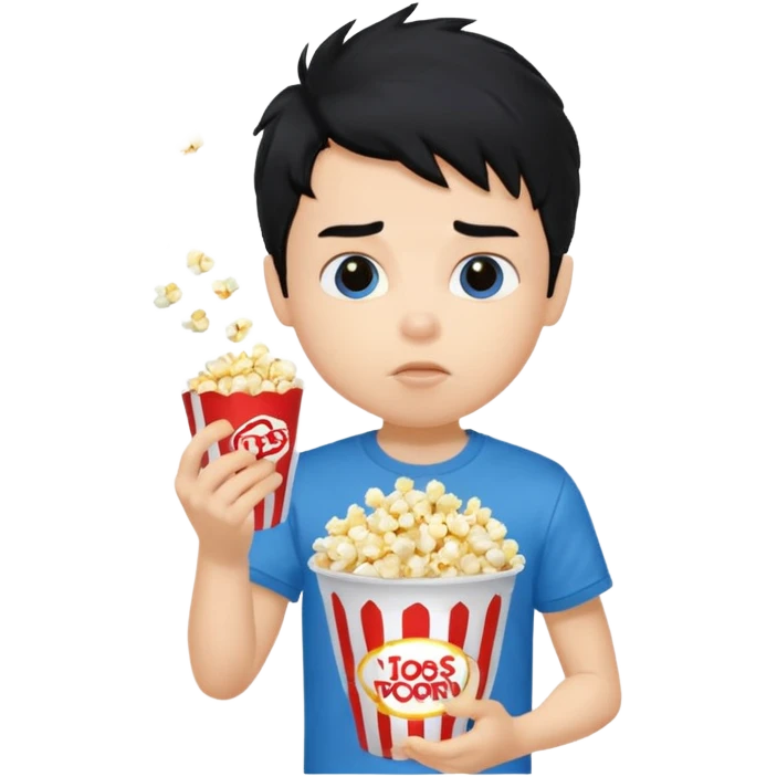 generate a pretty fair bratz boy with a blue tshirt on. eating popcorn. messy black hai emoji