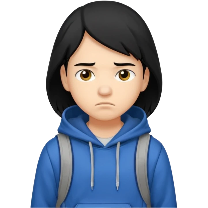 college student with annoyed face , black hair , with hoodie and backpack emoji