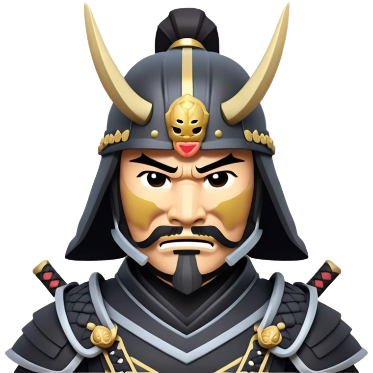 clash-of-clans-aesthetic_-cinematic-fearsome-and-majestic-samurai-bust-portrait-emoji, rendered in a flat, vector-style with minimal shading and bold, simplified shapes typical of emoji art, depicting a battle-hardened samurai with black mask and traditional black Japanese armor. The samurai is riding a noble grey warhorse adorned with an intricately designed saddle and fluttering banners and a rising sun. a samurai on a   horse emoji