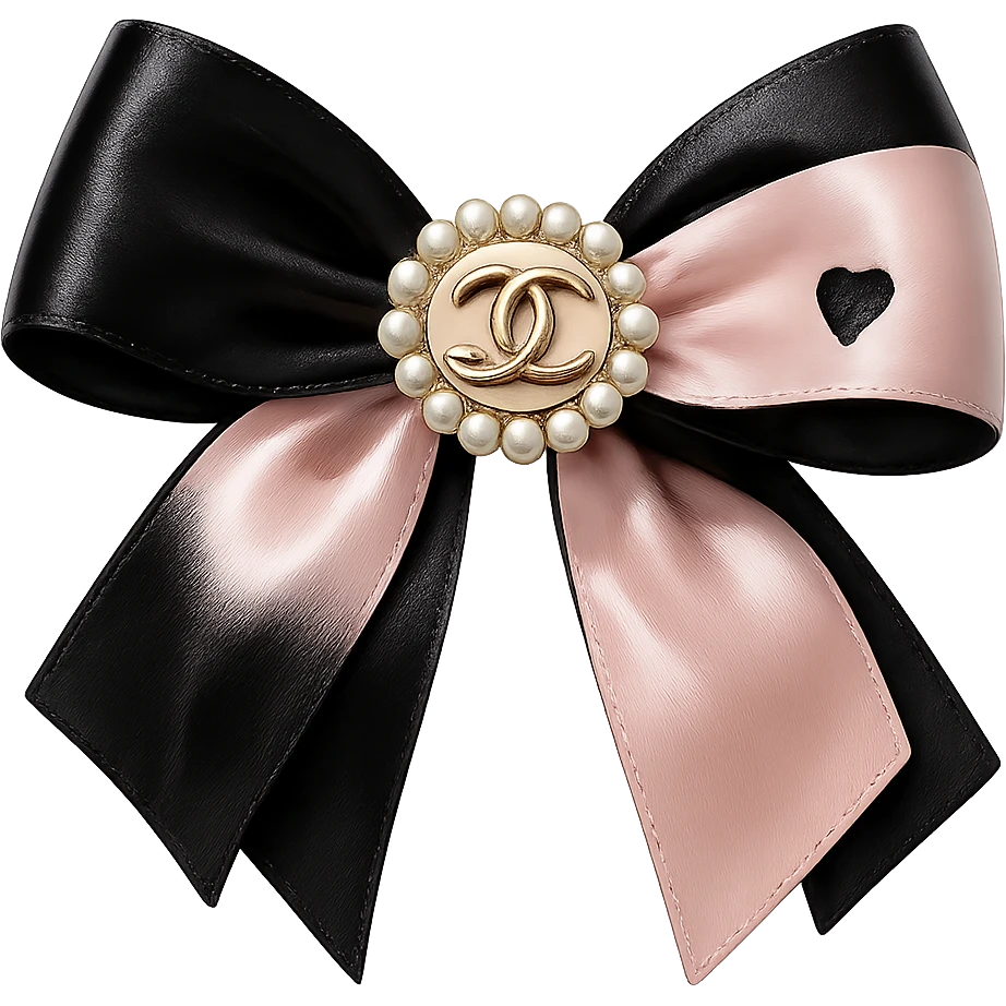 Remove the background, keep only the elegant bow with pearls and gold Chanel logo, glossy, pastel colors, realistic style, with no background. black pink, heart emoji