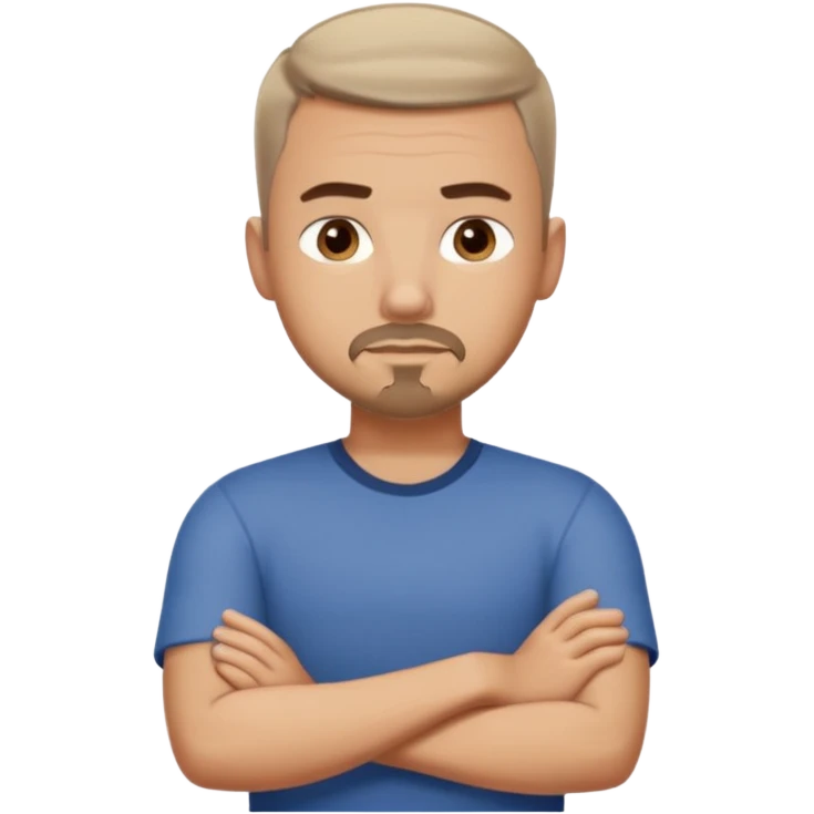 White man with short dark taper fade hair cut and slight goatee and neutral expression with his arms folded emoji
