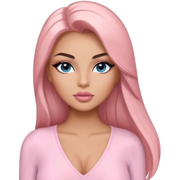 Glamours, tanned, very beautiful girl, with big pump peach-beige-rose lips, long long lashes, black straight smooth silky long hair, straight parting hair, blue-grey eyes in light pink long-sleeves v-neck bodysuit emoji