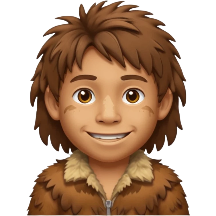 smiling Neanderthal kid with messy hair and animal skin clothing emoji style emoji