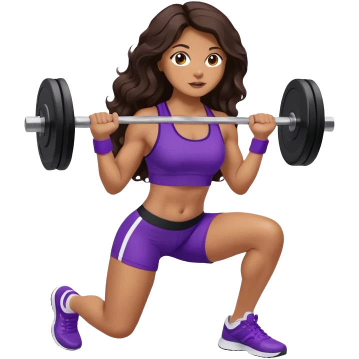 mujer de tez trigueña, con cabello castaño oscuro ondulado no muy marcado, con el cabello hasta las nalgas super largo estilizado, con ropa deportiva morada/lila, tenis blancos deportivos y levantando una pesa emoji