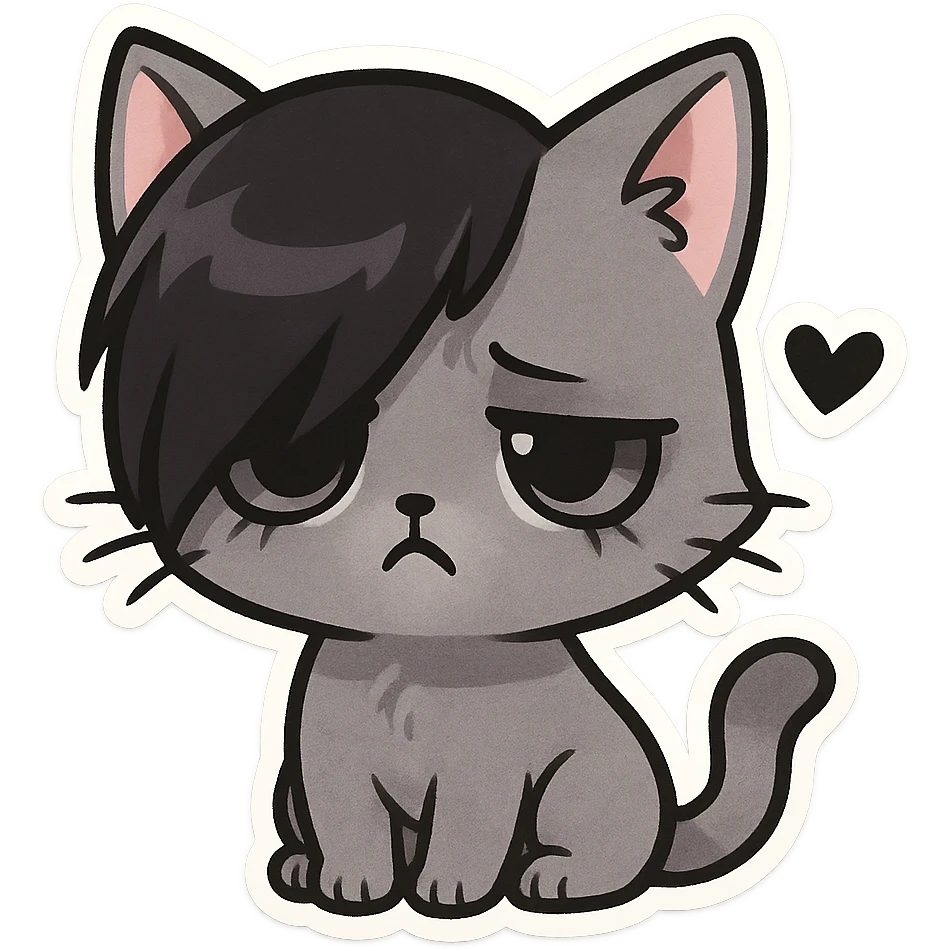 chibi sticker-style cat with an emo face, black heart accent, cute and exaggerated emoji