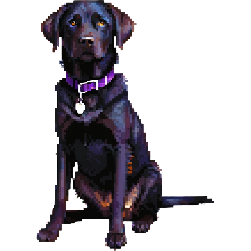black labrador sitting with a purple collar emoji