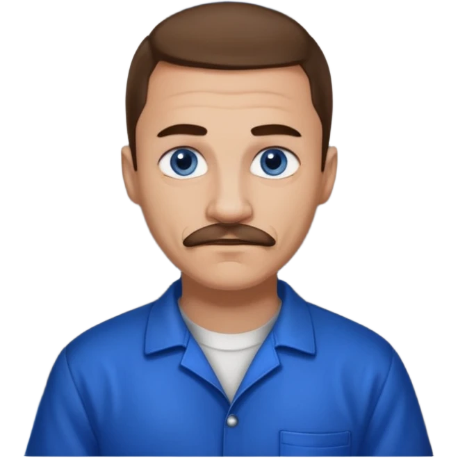 Graffiti from Lockdown with light skin, blue eyes, brown hair and thin mustache , cobalt blue inmate outfit  emoji