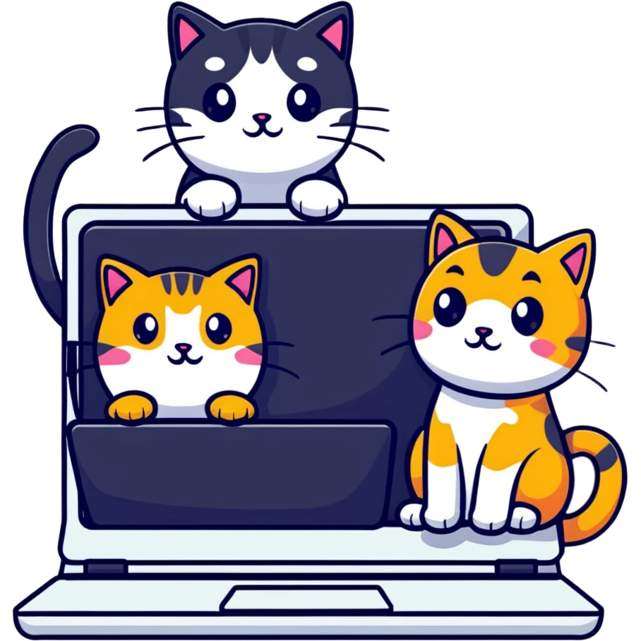 three cats at a computer, playful sticker style emoji
