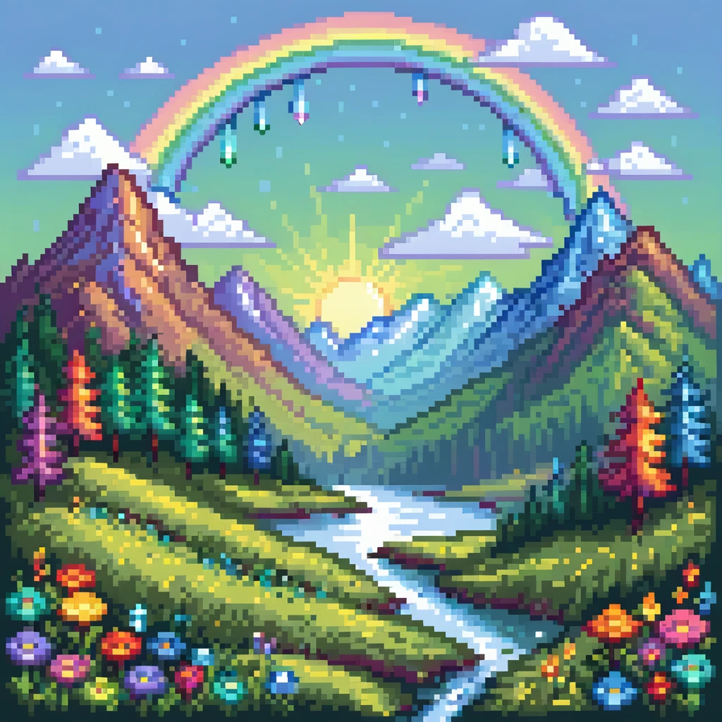 Enchanted meadow with rainbow and crystal mountains emoji