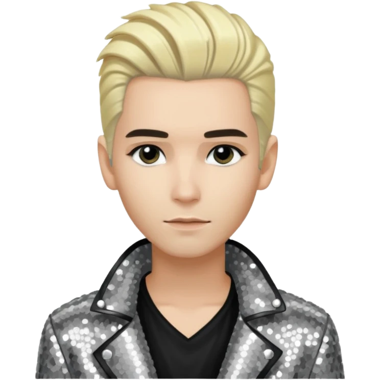  Bill Kaulitz from Tokio Hotel with blonde hair, silver sequin jacket, black shirt emoji