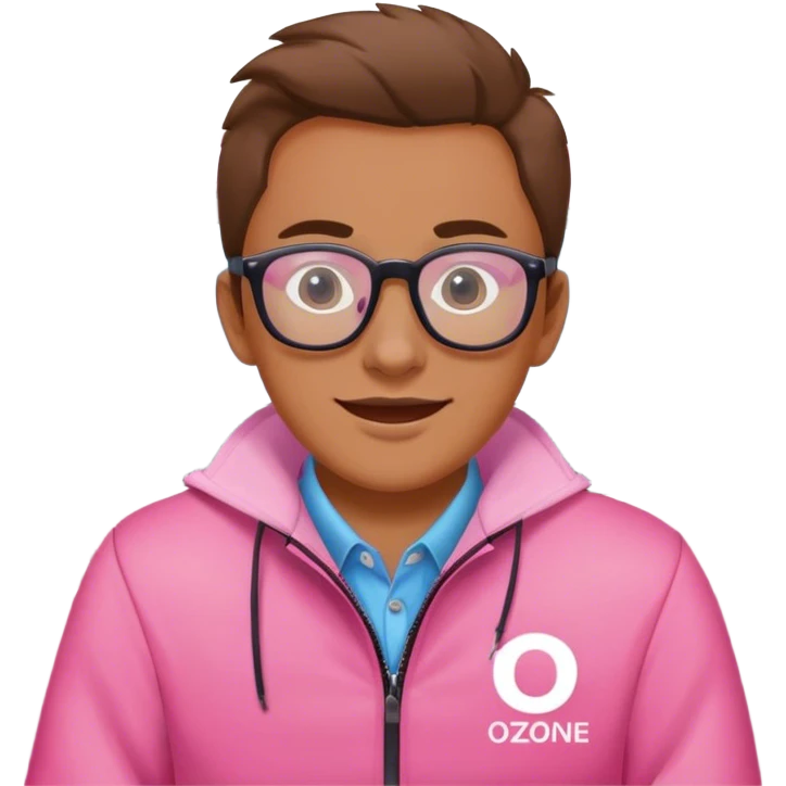 A courier in a pink jacket with the inscription ozone, wearing glasses, sits in the car joyfully emoji