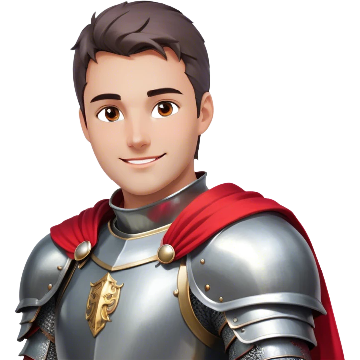 Create a side-view RPG character asset in a clean. The character is a brave knight with exaggerated, rounded features and minimal linework. They wear polished armor in silver tones, with a bright red cape flowing behind them. The face should have large, expressive eyes and a friendly smile that’s clearly visible even from the side view. Keep proportions simple and cartoony. The stance is slightly turned to emphasize the character’s side profile (facing right), with one hand on the hip and the other resting on a sheathed sword at the waist. The colors should be vibrant and easy to read, with smooth shading reminiscent of typical emoji designs. Include two variations: one idle pose and one simple walking pose, each capturing the playful, streamlined look of emoji-like characters. emoji