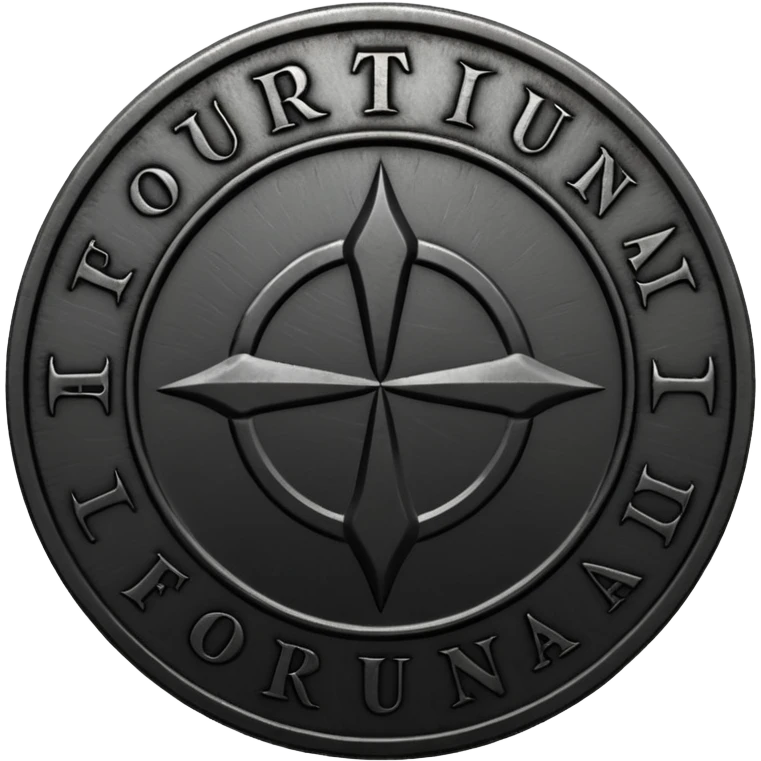 Minimal emoji, gothic metal coin made of black steel, engraved word FORTUNA at the center, ancient industrial aesthetic, worn metal texture, no glow, no neon, flat emoji design, centered, transparent background emoji