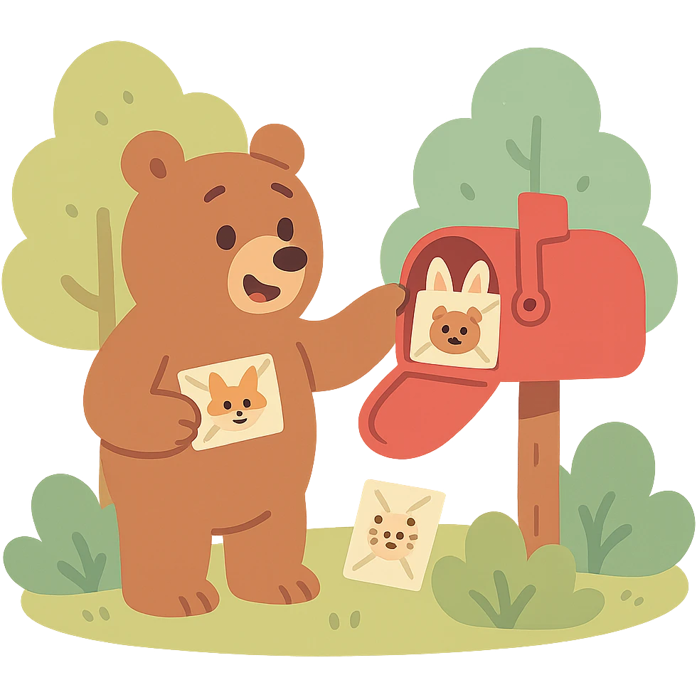 forest mailbox with tiny animal letters, cozy woodland theme, pastel colors, pastel-toon style emoji