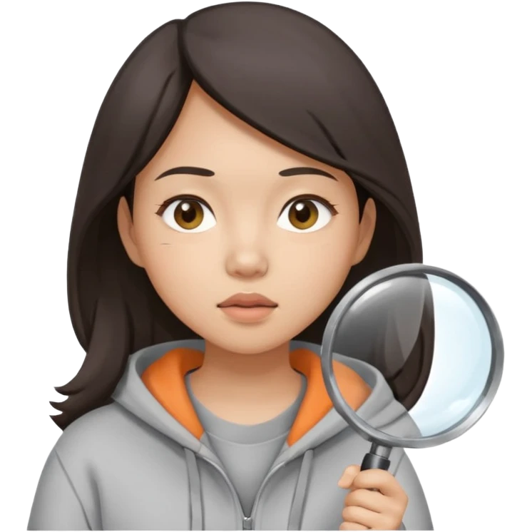 A brunette asian woman wearing hoodie holding a large magnifying glass and squinting at something to intently emoji