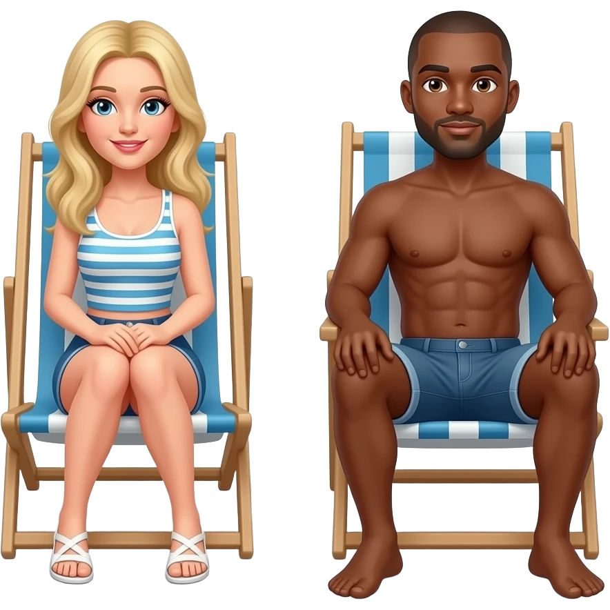 Blonde girlfriend sitting on beach chair with black boyfriend with bald head emoji