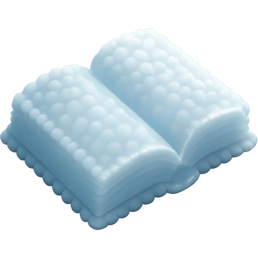 thick open book viewed from above, made entirely of small very bright white fluffy convex clouds, matte glass style emoji