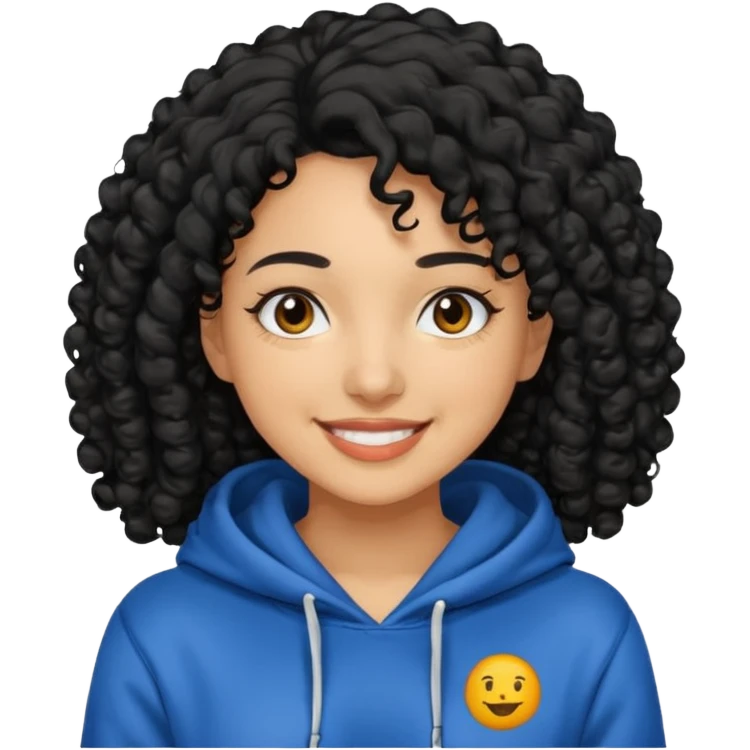 A women with a black curly hair who wear a hoodie and that hoodie have a some smorf emoji