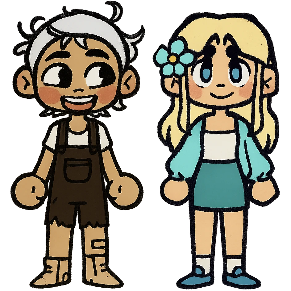 Create a couple image of these two cartoon characters standing side by side, both with happy expressions, matching their style, transparent background. emoji