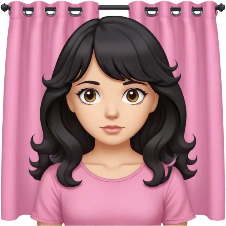 White girl with chest length black wavy hair with curtain bangs, gray eyes, wearing a pink top emoji