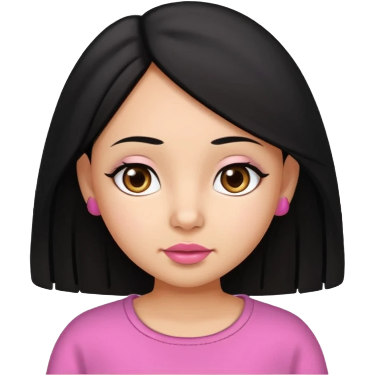 Gordita, ojos pequeños de color cafe oscuro, labios pequeños y rosados, piel trigueña, orejas pequeñas, cabello largo lazio y negro, pequeña. emoji